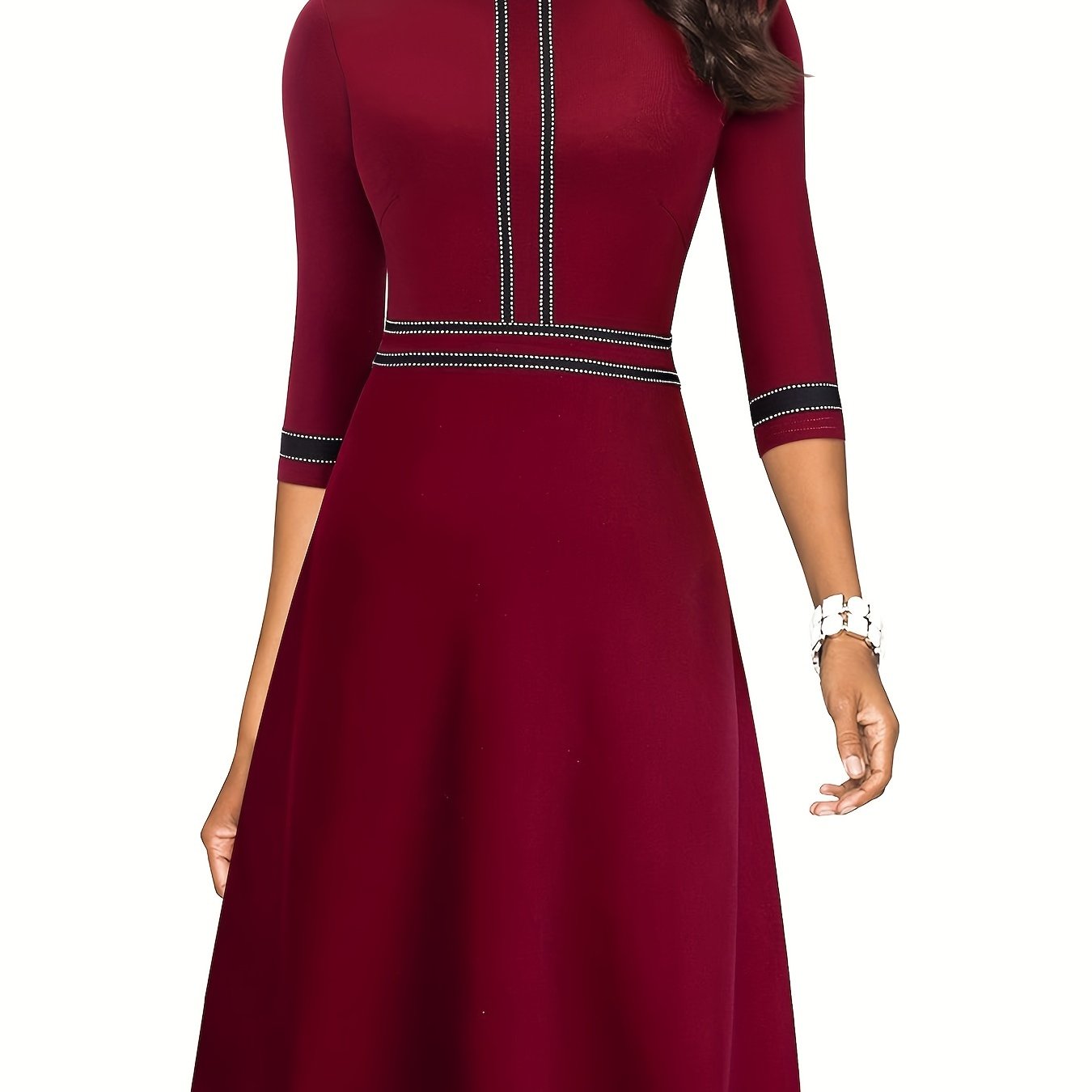 Three-quarter Sleeve Dress, Elegant Crew Neck Flare Dress, Women's Clothing