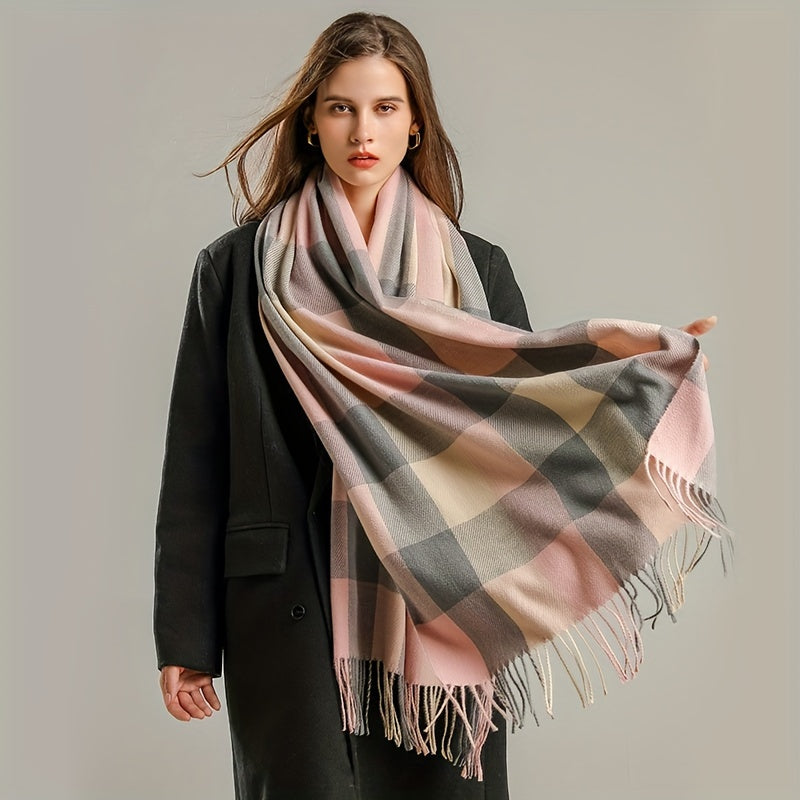 Thick Soft Plaid Tassel Scarf - Warm, Versatile, and Stylish Neck Accessory for Autumn and Winter - Polyester Made, Preppy Style, Weekend Casual Wear, Inelastic, and Feather-Free