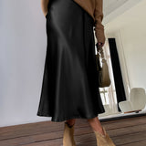 dunnmall  Retro Satin Maxi Skirts, Casual Solid High Waist Vintage Fashion Summer Skirts, Women's Clothing