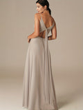 ALICEPUB V-Neck Bridesmaid Dresses For Women Long Chiffon Formal Evening Dress With Drape Decor