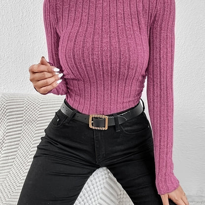 Long Sleeve Ribbed Knit T-Shirt, High Neck Elegant Casual Top For Fall & Spring, Women's Clothing