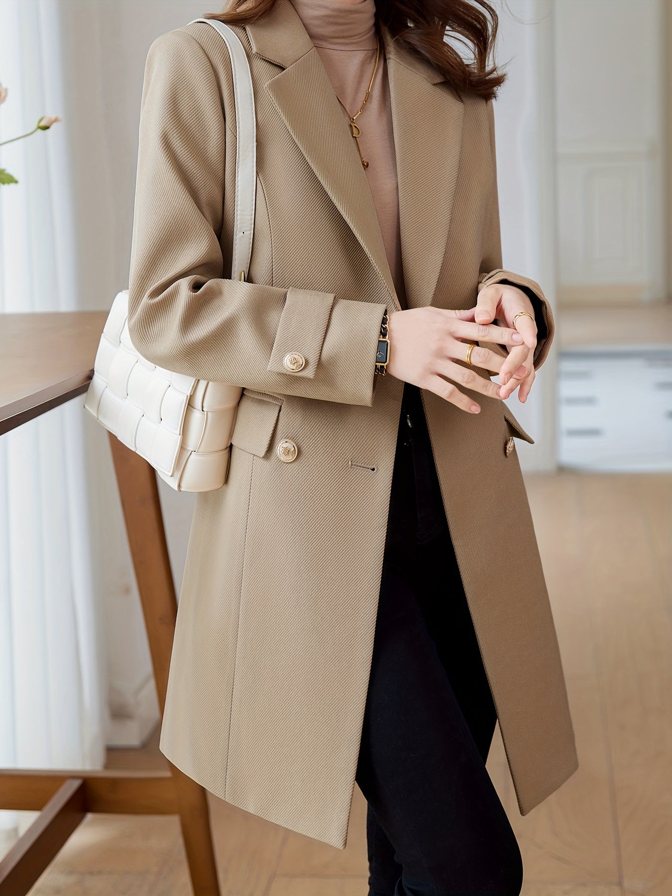 Solid Double Breasted Lapel Overcoat, Elegant Long Sleeve Mid Length Coat  For Fall & Winter, Women's Clothing