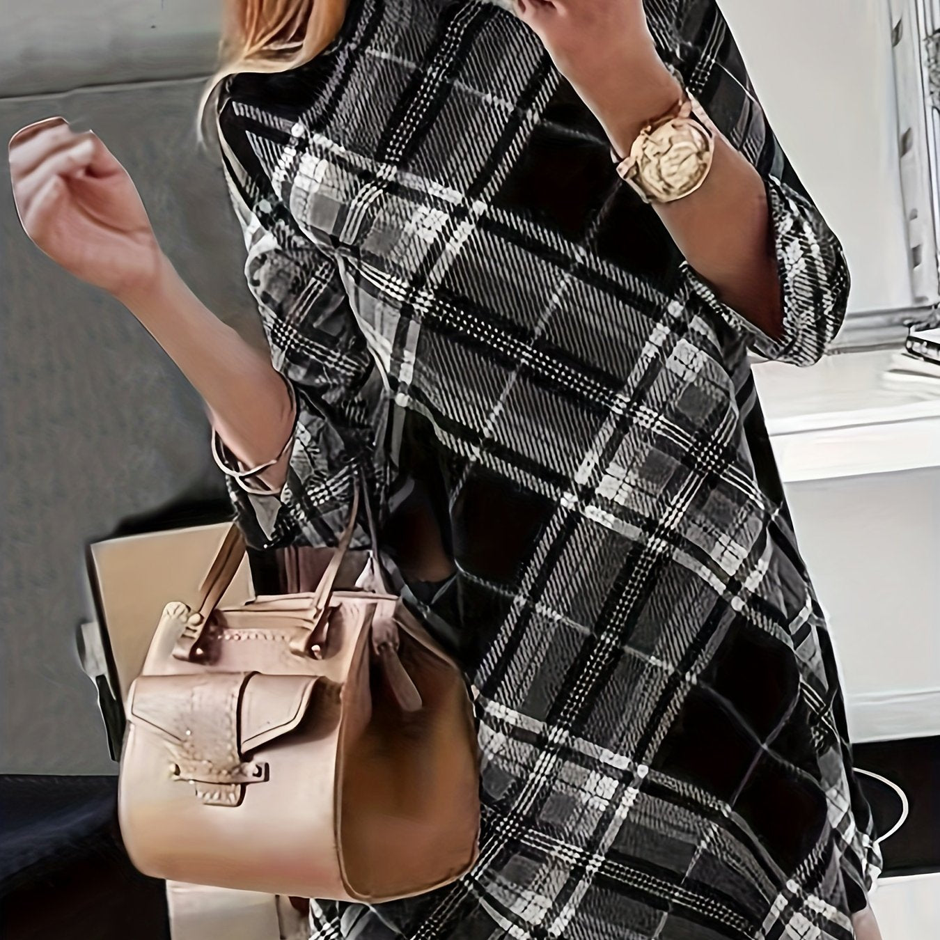 Plaid Print Mock Neck Dress, Elegant Long Sleeve Above Knee Dress, Women's Clothing