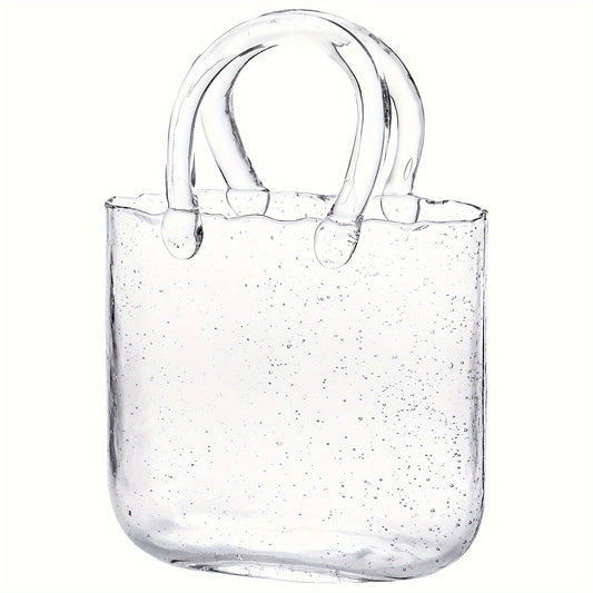 Unique Handbag Shape Glass Vase - 7.7x3.9x10.4in Clear Bag Vase With Handle And Bubbles For Flowers, Centerpieces, Wedding Table Decorations, Christmas Decorations