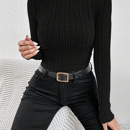 Long Sleeve Ribbed Knit T-Shirt, High Neck Elegant Casual Top For Fall & Spring, Women's Clothing