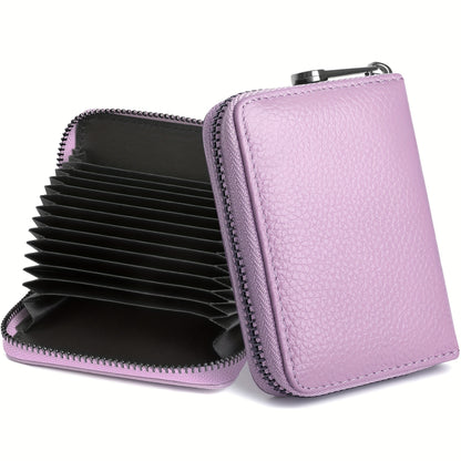 Slim Genuine Leather RFID Blocking Accordion Credit Card Holder Wallet for Women - Zipper Closure, Polyester Lining, Slit Pocket, Casual Style, No Printing - Perfect for Carrying Multiple Cards and Cash