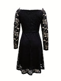 dunnmall Lace Off-shoulder A-line Dress, Elegant Long Sleeve Dress For Spring & Summer, Women's Clothing
