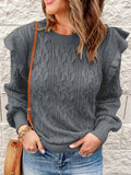 Ruffle Trim Knit Sweater, Casual Solid Long Sleeve Crew Neck Sweater, Women's Clothing