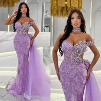 Stunning purple mermaid Evening Dresses elegant leaf beading shoulder Prom Dress Beads side train Custom Made Formal dresses for women