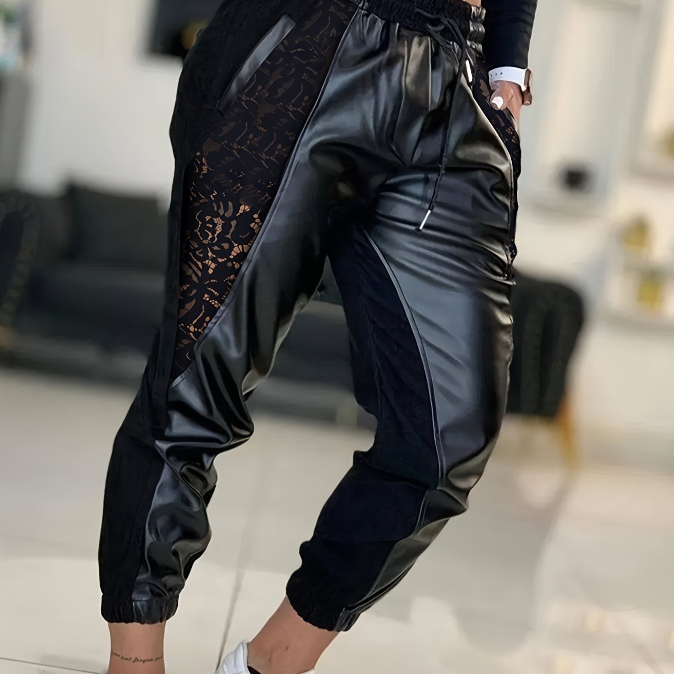 Lace Solid Pants, Casual Every Day Pants For Spring & Fall, Women's Clothing