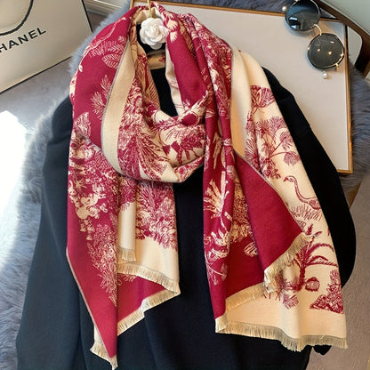 Vintage Plant Flower Jacquard Scarf Imitation Cashmere Elegant Soft Warm Cozy Fringe Shawl Autumn Winter Coldproof Windproof Blanket Scarf