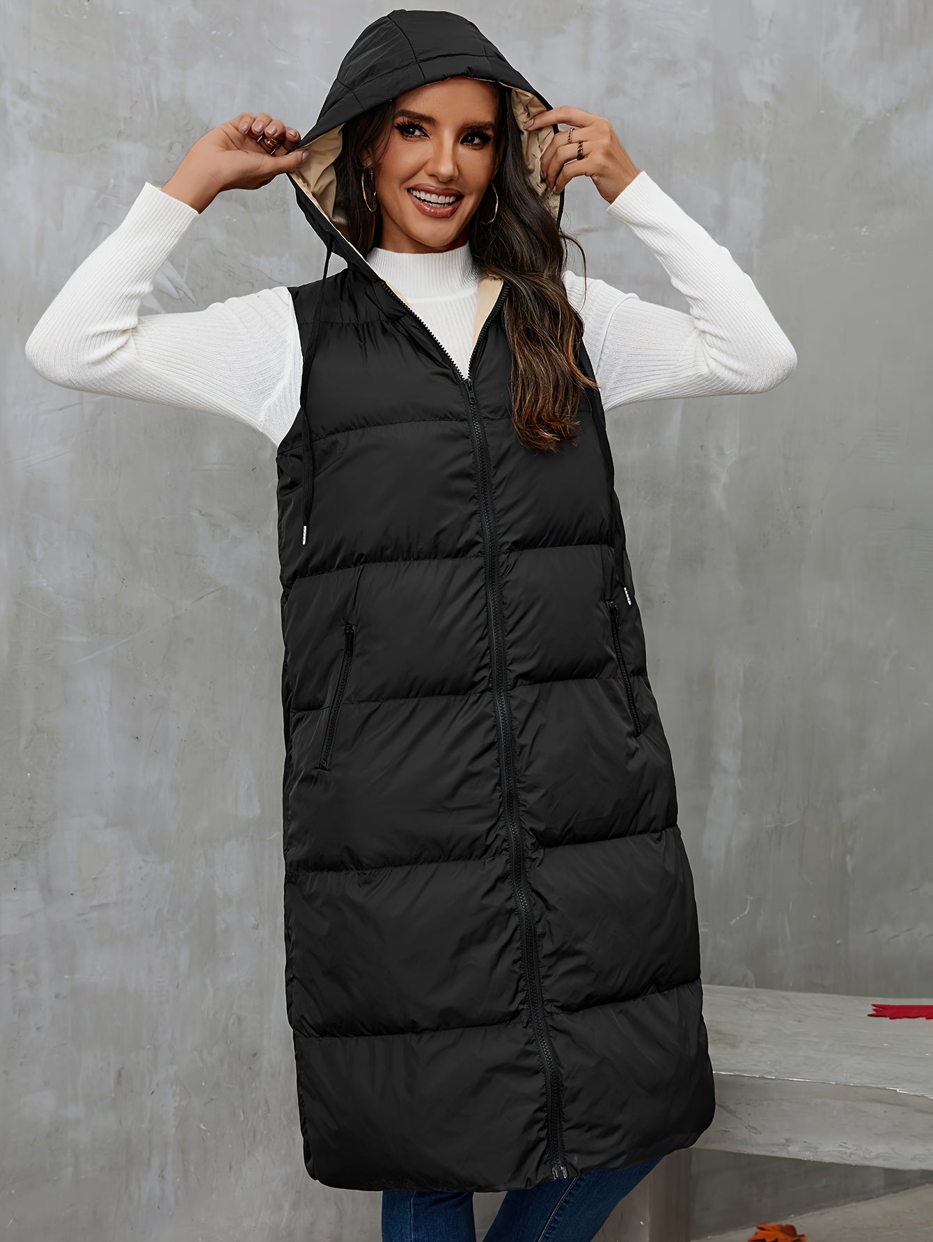 Hooded Sleeveless Coat, Casual Zipper Long Length Winter Outerwear, Women's Clothing