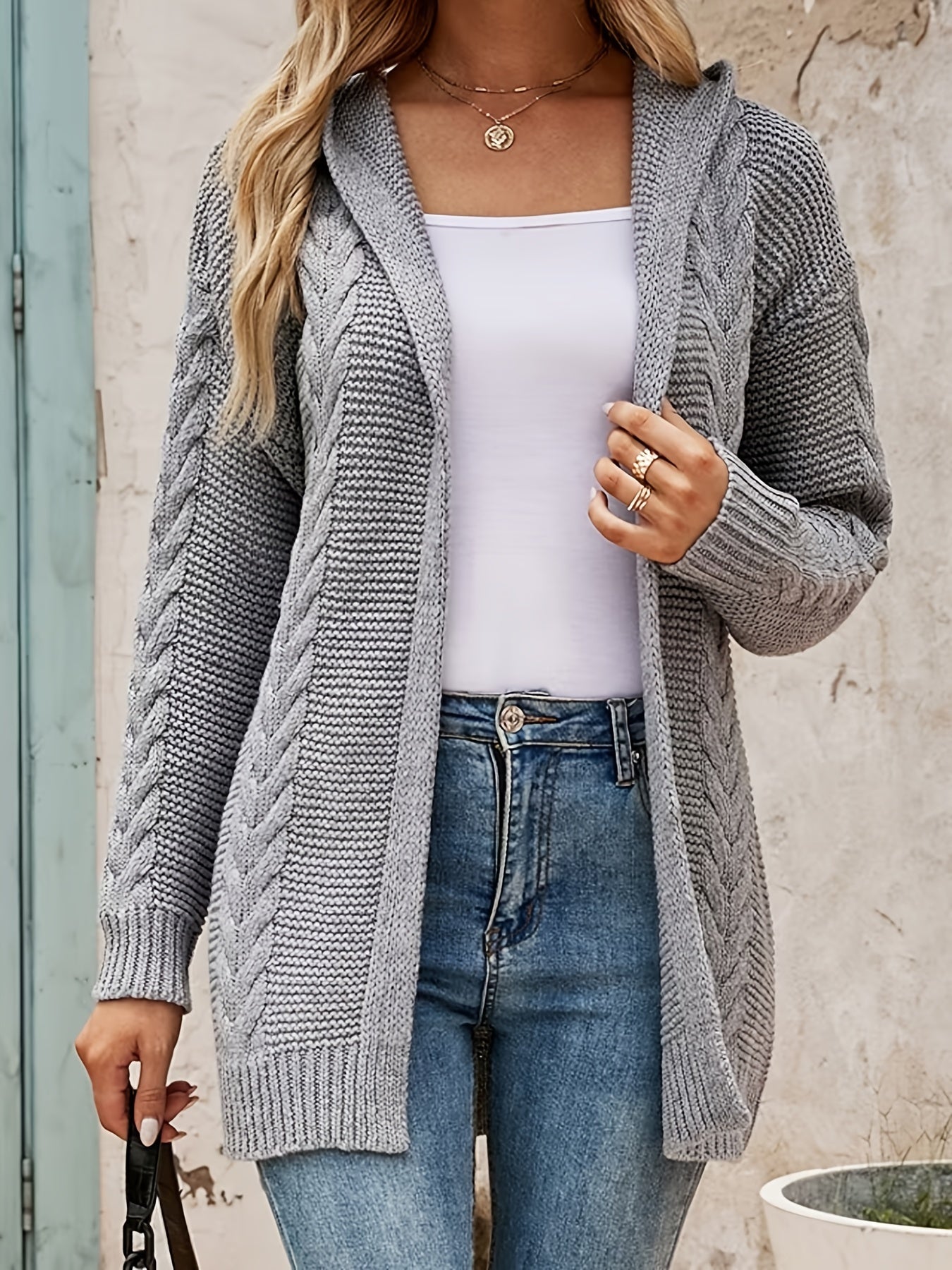 dunnmall  Solid Twist Knitted Cardigan, Casual Long Sleeve Knit Outwear For Fall & Winter, Women's Clothing