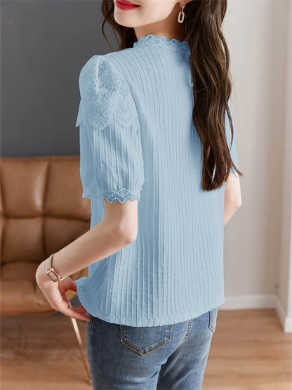 Charming Solid Lace Blouse with Stitching Detail - Soft Textured Short Sleeve Top for Spring & Summer Elegance - Womens Casual Fashion