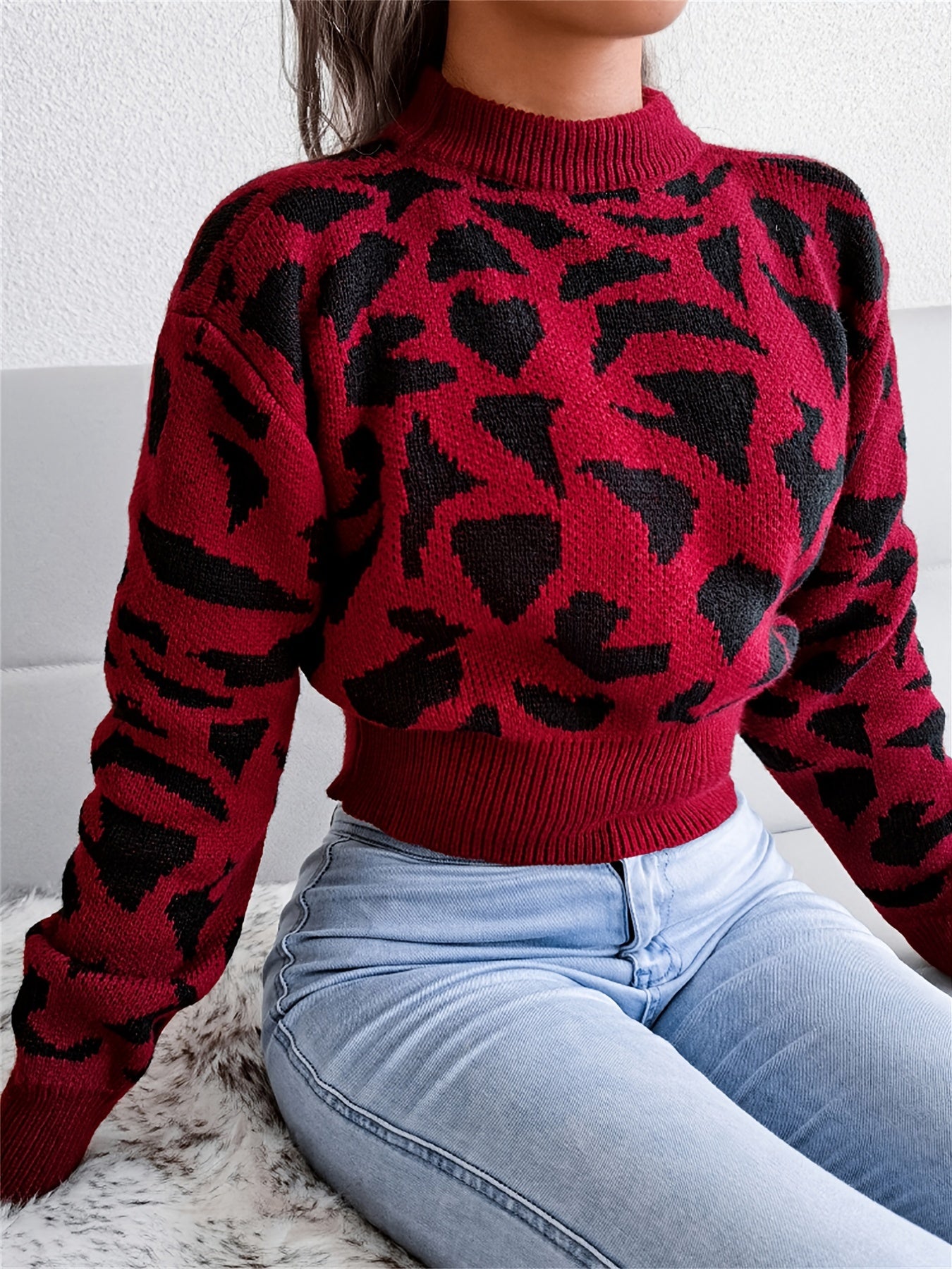 dunnmall  Leopard Print Crop Sweater, Casual Crew Neck Long Sleeve Sweater, Casual Tops For Fall & Winter, Women's Clothing