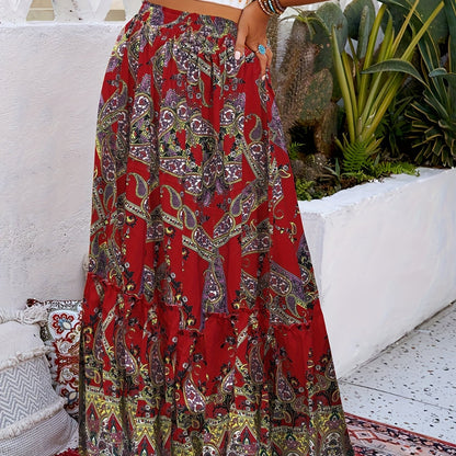 dunnmall  Paisley Print Drawstring Skirts, Boho Pleated Summer Maxi Skirts, Women's Clothing