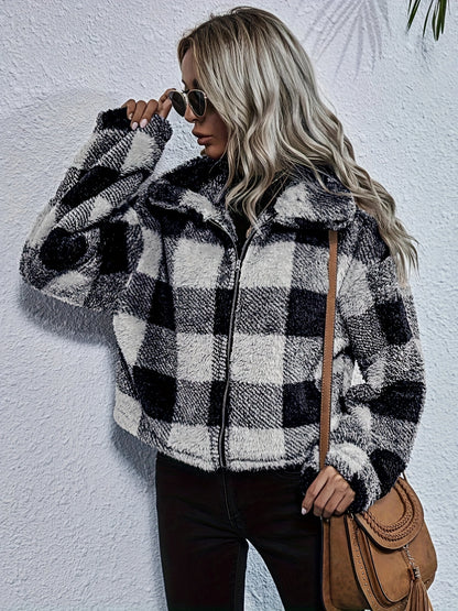 Zip Front Plaid Print Plush Coat, Long Sleeve Lapel Teddy Jacket For Fall & Winter, Women's Clothing