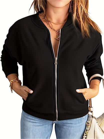 Plus Size Sporty Jacket, Women's Plus Solid Long Sleeve Zipper Jacket With Pockets