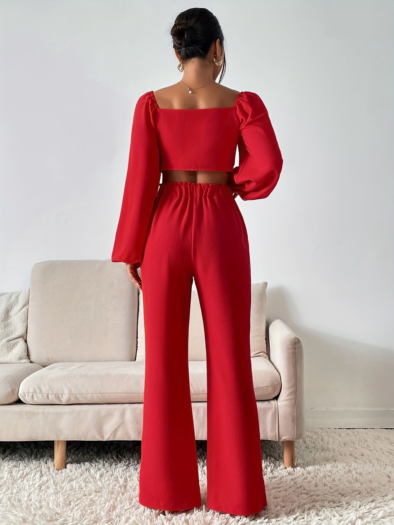 dunnmall  Casual Solid Two-piece Pants Set, Long Sleeve Bow Front T-shirt & Loose Wide Leg Pants Outfits, Women's Clothing