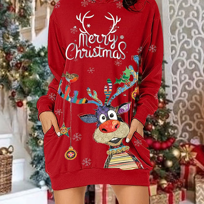 dunnmall  Christmas Print Casual Hoodie Dress Long Sleeve Hooded Dress