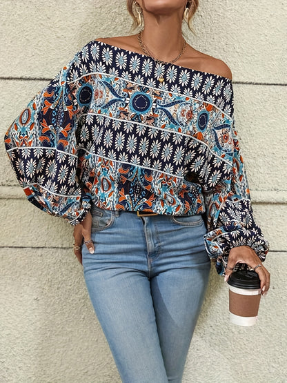 dunnmall  Ethnic Graphic Print Blouse, Casual Off Shoulder Long Sleeve Blouse, Women's Clothing