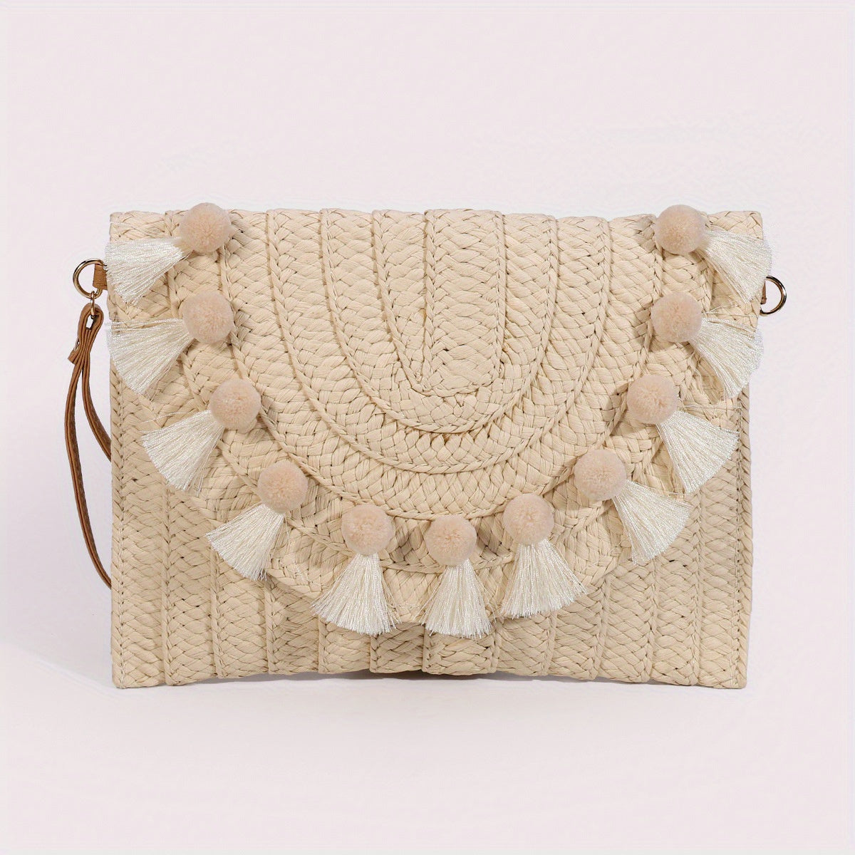 Stylish Rattan Envelope Clutch Bag - Buckle Closure, Polyester Lining, Plastic Material, Perfect for Summer Beach Travel and Vacation - Womens Wrist Bag for Everyday Use