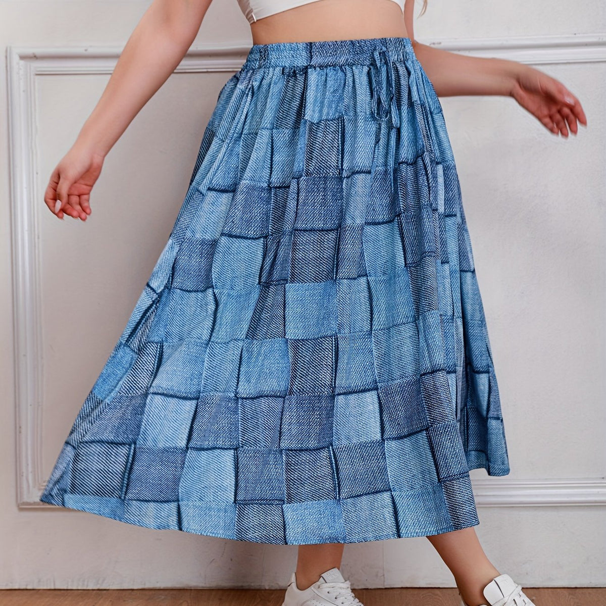 Plus Size Casual Skirt, Women's Plus Colorblock Denim Print Drawstring Elastic High Rise Slight Stretch Smock Maxi Skirt