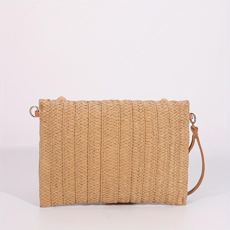 Stylish Rattan Envelope Clutch Bag - Buckle Closure, Polyester Lining, Plastic Material, Perfect for Summer Beach Travel and Vacation - Womens Wrist Bag for Everyday Use