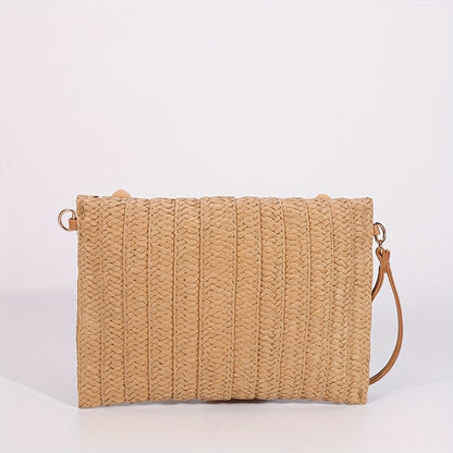 Stylish Rattan Envelope Clutch Bag - Buckle Closure, Polyester Lining, Plastic Material, Perfect for Summer Beach Travel and Vacation - Womens Wrist Bag for Everyday Use