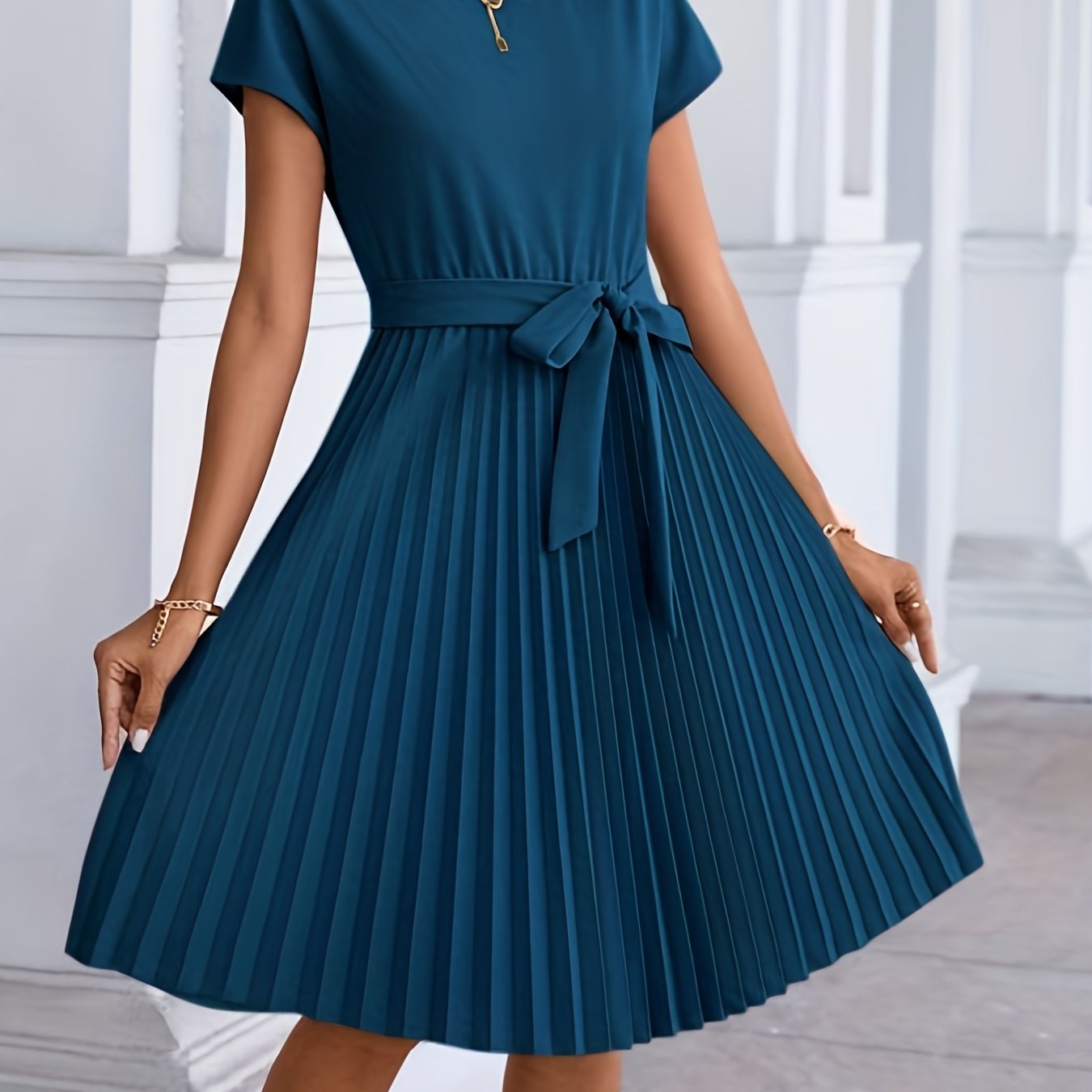 dunnmall  Pleated Tie Front Dress, Casual Solid Short Sleeve Dress For Spring & Summer, Women's Clothing