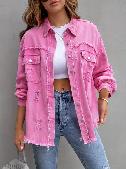 dunnmall Pink Ripped Raw Hem Denim Coat, Lapel Long Sleeve Flap Chest Pocket Distressed Street Style Denim Jacket, Women's Denim Jeans & Clothing