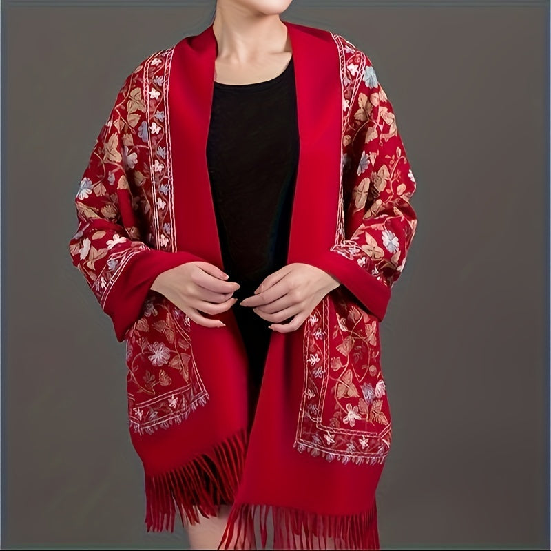 Women's Classic Embroidered Scarf - Polyester, Non-Stretch, Woven Tassel Shawl For Autumn/Winter Cheongsam & Summer Outerwear, Versatile For Warmth, Decoration, Wind Protection - Hand Or Dry Clean Only