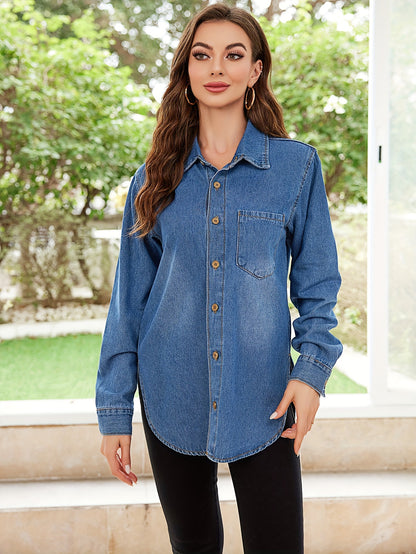 dunnmall Long Sleeves Lapel Denim Shirt, Single Breasted Button Casual Denim Top, Women's Denim Clothing