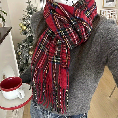 Stylish Red Plaid Tassel Scarf Shawl - Soft, Warm, Coldproof, Inelastic, Autumn and Winter Essential - Perfect for Outdoor Activities and Daily Wear