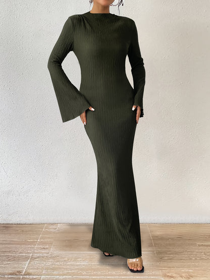 Solid Flared Sleeve Maxi Dress, Elegant Crew Neck Bodycon Dress, Women's Clothing