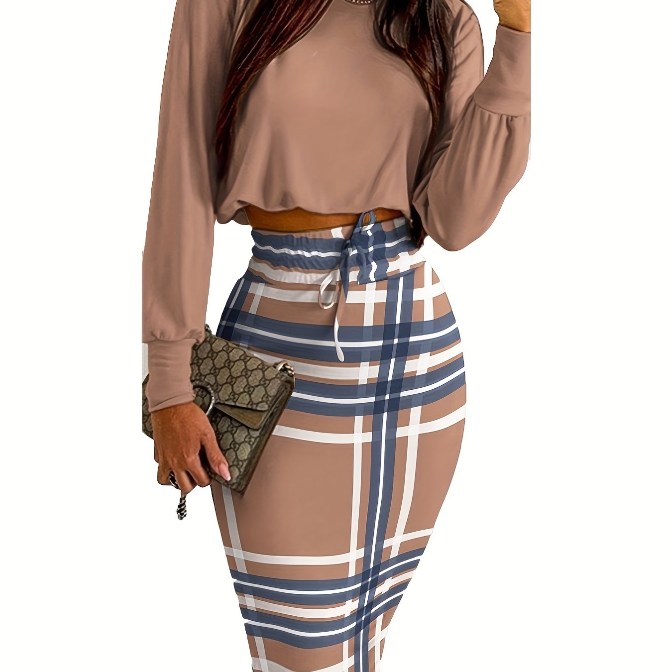 dunnmall  Casual Spring & Fall Two-piece Set, Solid Long Sleeve Tops & Plaid Print Split Skirts Outfits, Women's Clothing