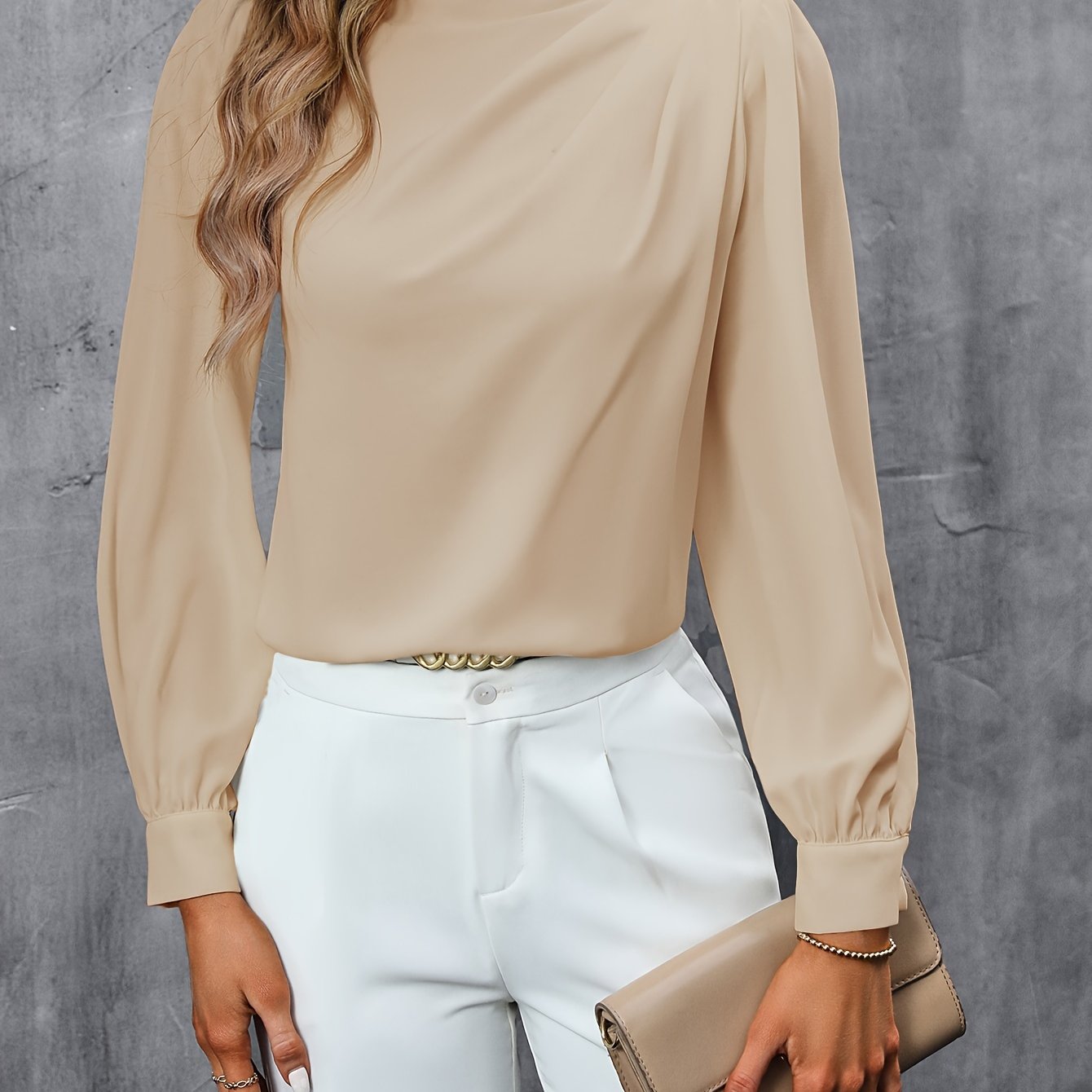 Ruched Solid Blouse, Elegant Long Sleeve Work Office Blouse, Women's Clothing