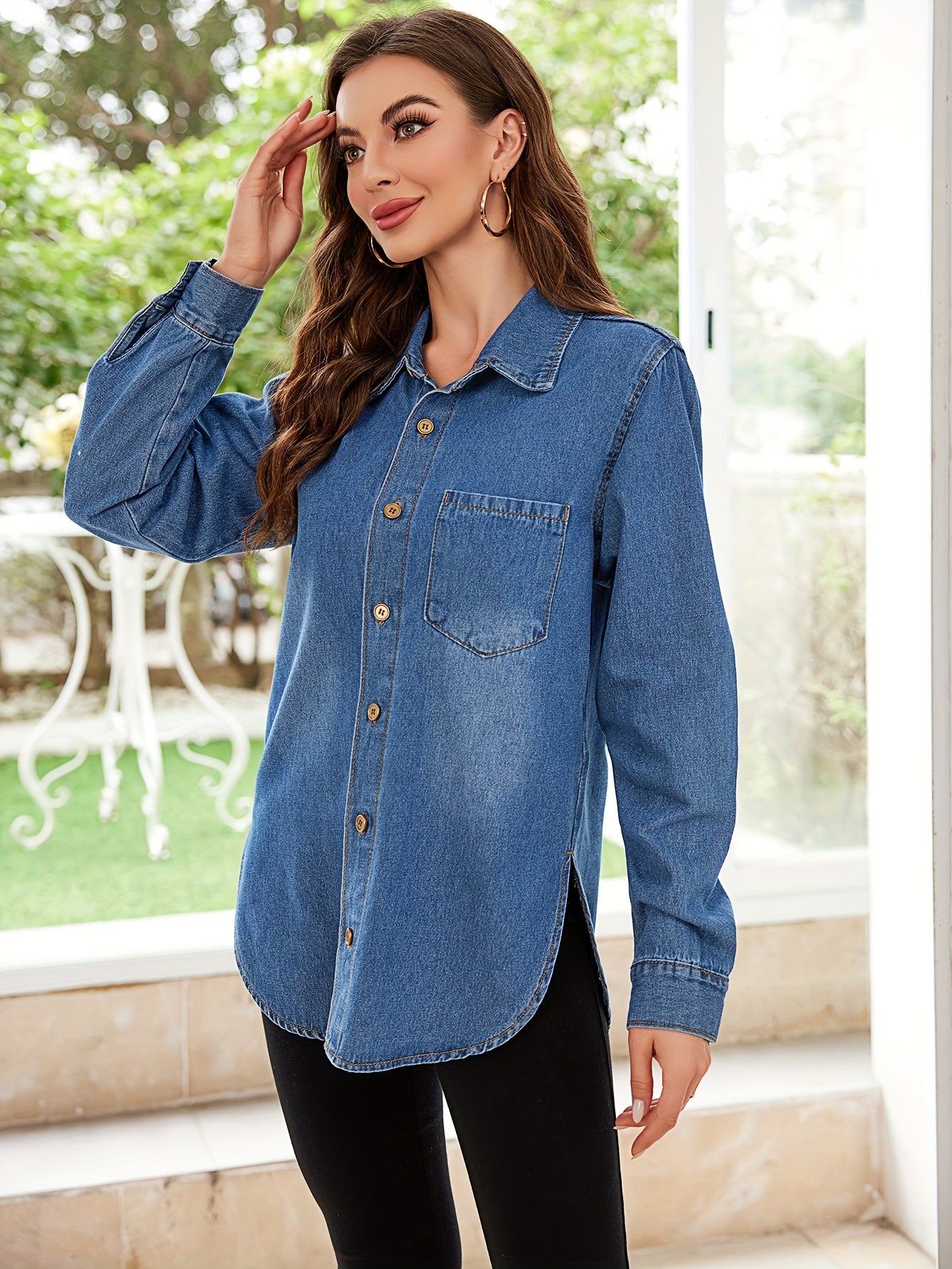 dunnmall Long Sleeves Lapel Denim Shirt, Single Breasted Button Casual Denim Top, Women's Denim Clothing