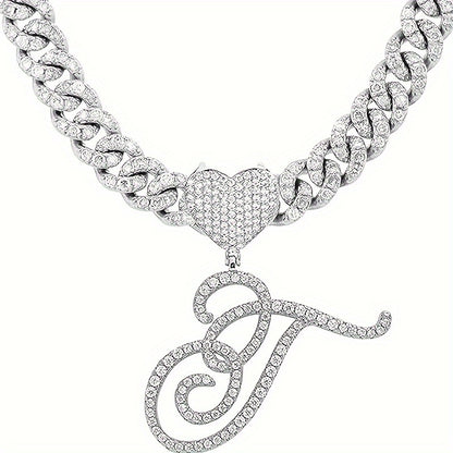 1 Piece Initial Necklace Men Women Silvery Cuban Chain Ice Rhinestone With Heart Shaped Letter Pendant Necklace Hip Hop Jewelry Gift