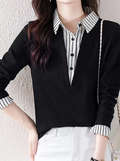 xieyinshe Striped Print Color Block Splicing Shirt, Casual Long Sleeve Button Front Shirt For Spring & Fall, Women's Clothing