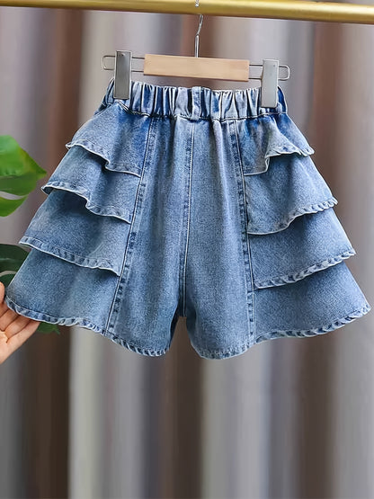 dunnmall  100% Cotton Girls Comfy Ruffle Trim Denim Skort Shorts For Summer Party