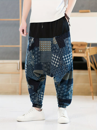 dunnmall  Men's Ankle Length Harem Pants Retro Ethnic Pattern Graphic Print Hip Hop Harem Pants Spring Summer Oversized Men Trousers Baggy Pants