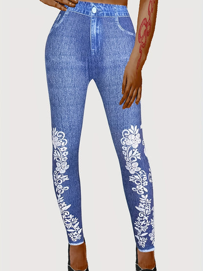 dunnmall  Floral & Denim Print Leggings, Skinny Casual Leggings, Women's Clothing