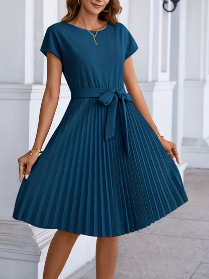 dunnmall  Pleated Tie Front Dress, Casual Solid Short Sleeve Dress For Spring & Summer, Women's Clothing