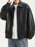 dunnmall  Men's Faux Leather Solid Jacket Vintage Lapel Collar Motorcycle PU Leather Outwear Coat