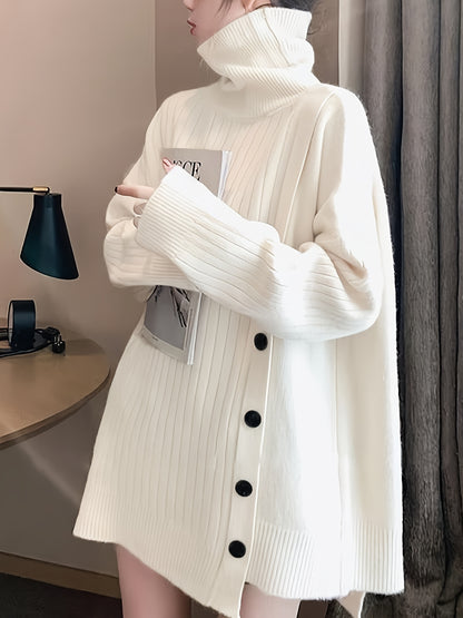 dunnmall  Solid Turtle Neck Pullover Sweater, Elegant Button Front Long Sleeve Oversized Sweater, Women's Clothing