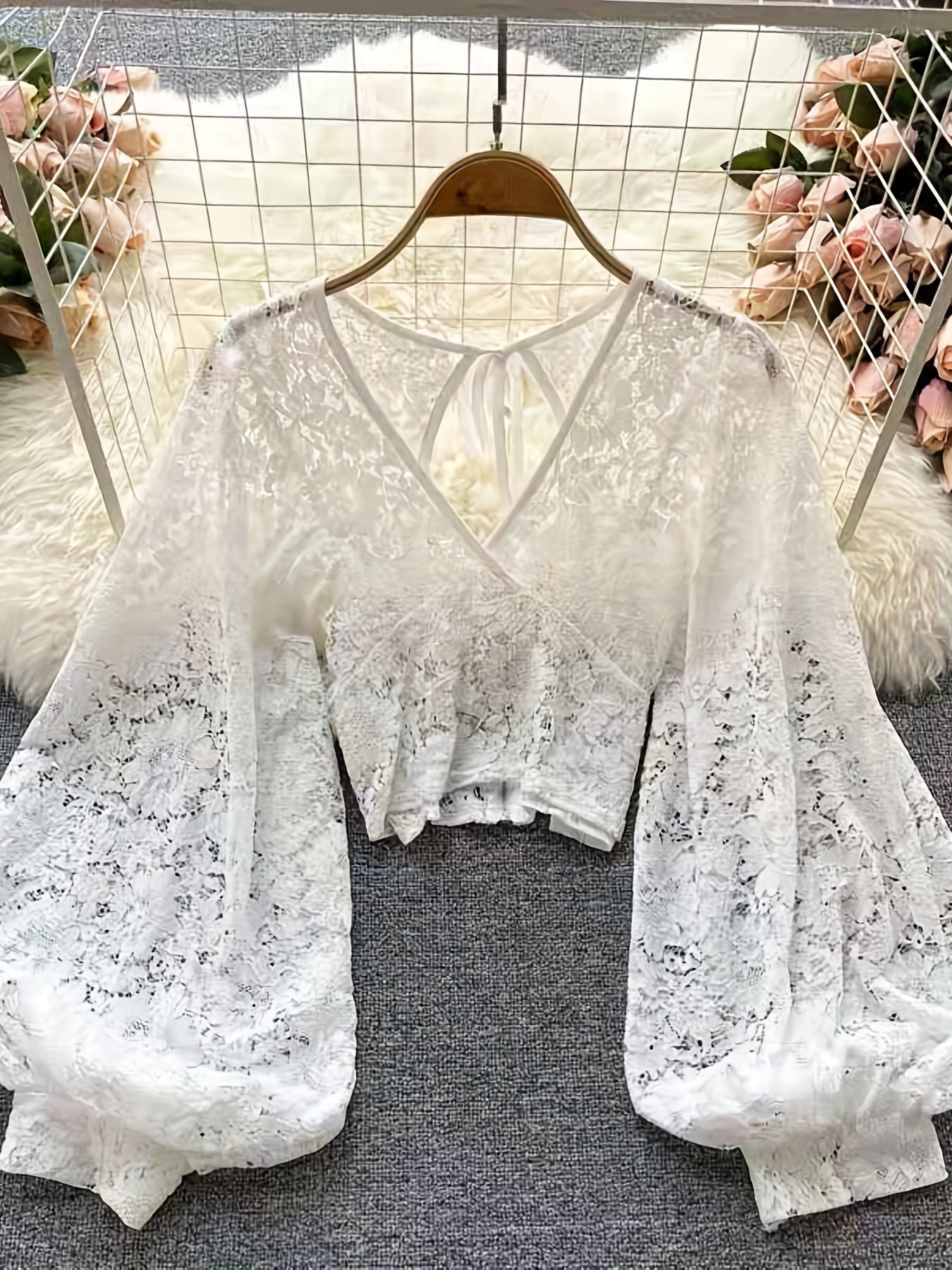 dunnmall  Semi-sheer Floral Lace Tie Top, Casual V Neck Back Zipper Long Lantern Sleeve Blouse, Women's Clothing