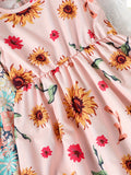 3pcs Charming Floral Midi Dresses for Girls - Crew Neck, Ruffle Sleeve, A-line, Non-Stretch Woven Fabric, Regular Fit, Perfect for Summer Vacation and Casual Wear