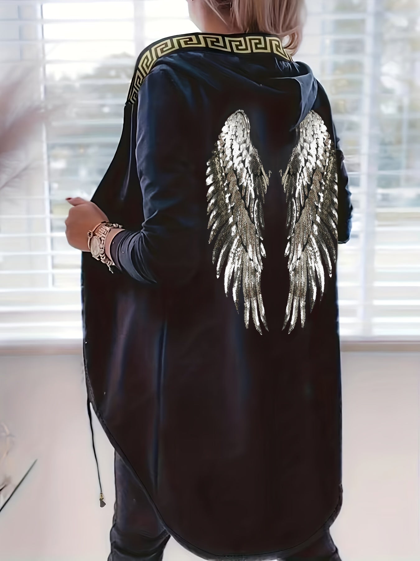 Wings Sequin Hooded Jacket, Open Front Casual Jacket For Spring & Fall, Women's Clothing