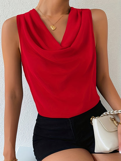 Rich Solid Cowl Neck Blouse - Chic Sleeveless Draped Top - Fashionable Womens Casual Wear